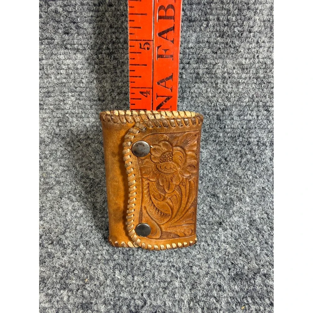 Vintage Hand Tooled Leather Key Case Western Floral Whipstitch Brown UCF Corp